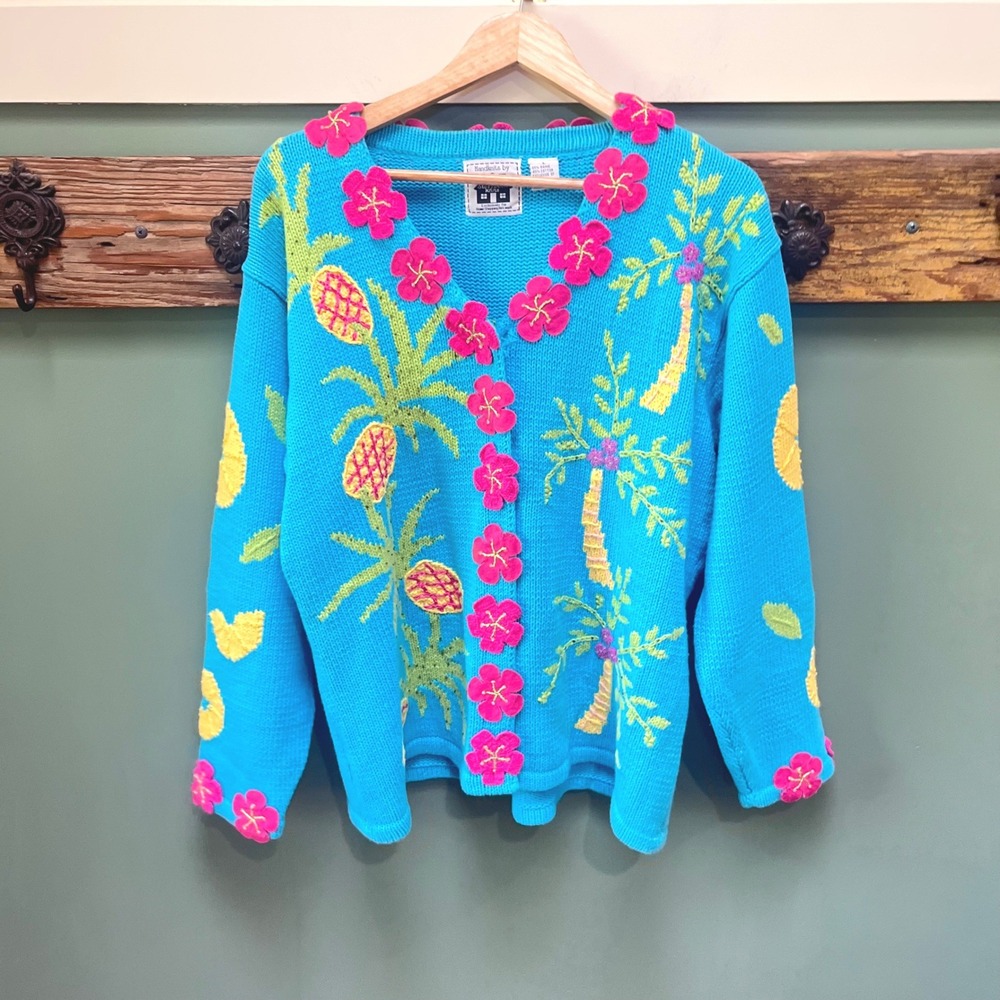 Storybook Knits Tropical Pineapple Palm Tree Crochet Flower Cardigan Blue Large